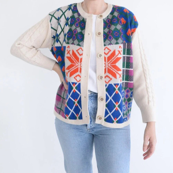 Cider Cream &  Blue Floral Argyle Knit Button Up Sweater L - Picture 1 of 12